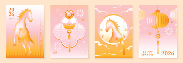 Happy Chinese New Year 2026 Year of the Horse greeting card vector set with gradient red lanterns and zodiac horse illustration. Modern festive design for posters and invitations.