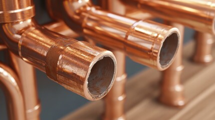Closeup of copper pipes with exposed surfaces showing signs of wear and potential corrosion in a detailed industrial setting