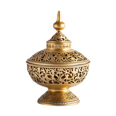 Golden ornate incense burner with intricate isolated on a transparent background