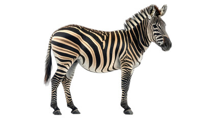 Fototapeta premium Striking portrait of a zebra isolated against a solid black background.