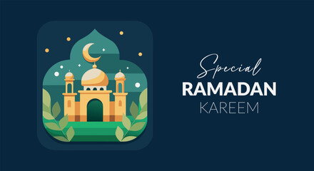 Special ramadan kareem greeting with a beautiful mosque illustration under a crescent moon