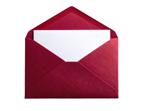 A textured deep red open envelope revealing a blank white card against a black background.