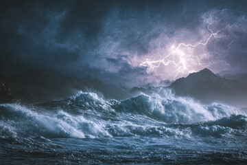 Naklejka premium Storm at sea with lightning flashes over dark waves and mountains in the background