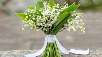 Obraz premium Elegant Lily of the Valley Bouquet with White Ribbon,A graceful bouquet of delicate lily of the valley flowers, elegantly tied with a white ribbon