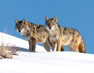 Fototapeta premium Two canids, with tawny coats and alert eyes, stand on a snow-covered ridge against a clear, azure sky
