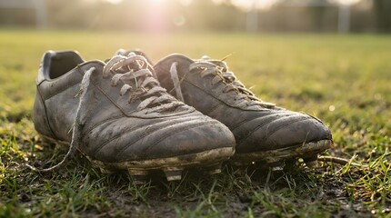 Worn leather soccer boots covered in mud resting on green grass field under warm golden sunset light with shallow depth of field