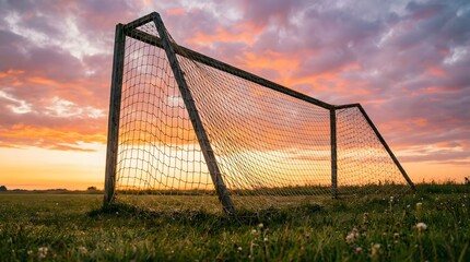 Rustic wooden soccer goal with worn net on rural field with wildflowers at warm sunset under dramatic colorful clouds