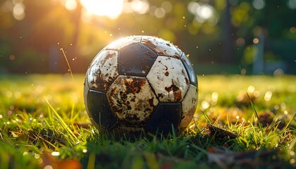 Classic black and white soccer ball covered in mud resting on grass field at sunset, highlighting worn texture, dirt details and warm golden natural light