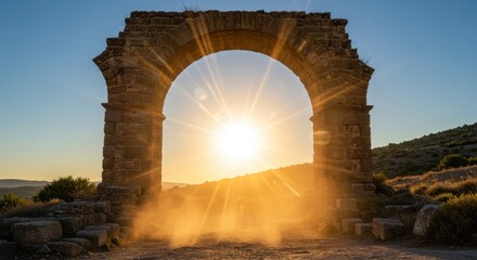 Ancient stone archway frames brilliant sunburst above dusty landscape at sunset