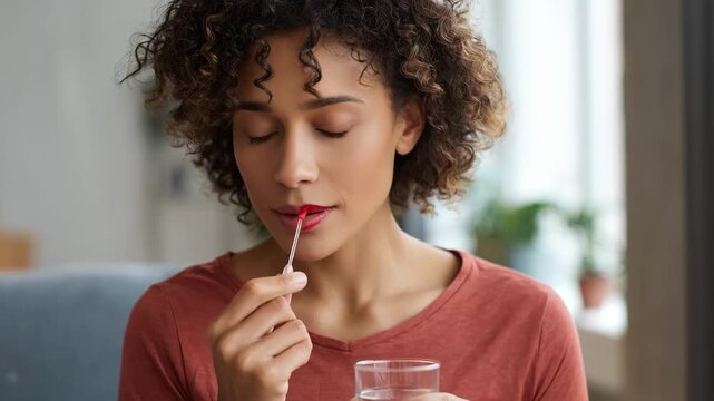 Medium shot of an individual at home collecting a saliva sample using an athome genetic diet test kit for personalized nutritional insights.