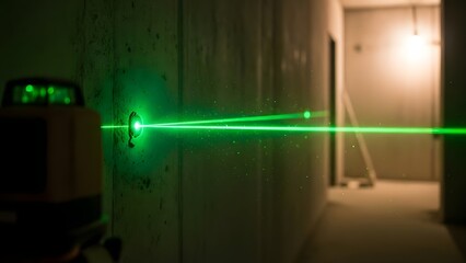 Laser beam projecting from device onto wall in dimly lit construction site