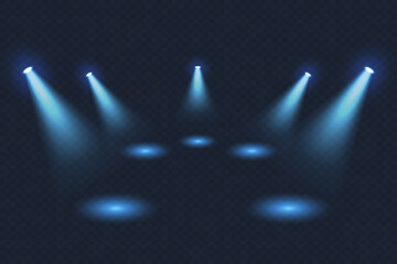 Bright blue spotlights with a separate area for the stage and presentations. A glowing spotlight effect with beams.