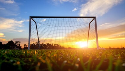 Low angle football goal photography at vibrant sunset with golden backlight, textured green grass, dramatic sky and peaceful empty sports field