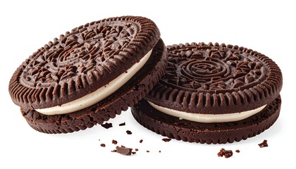 Two Oreo Cookies with Cream Filling on White Background.