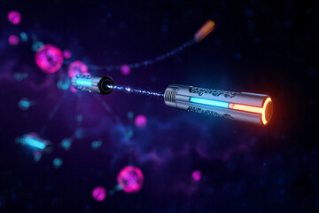Futuristic metallic cylinder devices emitting glowing beams connecting abstract pulsating particles in a cosmic nebula background