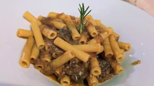 Close up of a steaming plate of Zita Tagliata pasta alla Genovese, a typical italian dish from Naples, garnished with fresh rosemary and served in a white plate for a delicious lunch