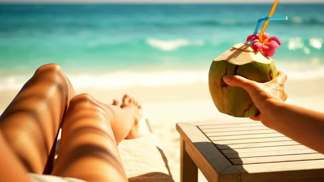 Point of view of woman on tropical beach reaching for coconut drink with straw and pink umbrella. Relaxed vacationer sips refreshment from lounge chair. POV shot footage.