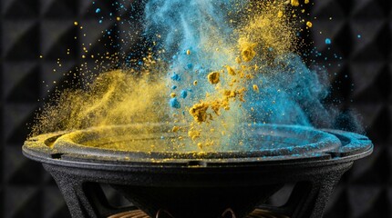 Speaker vibrating with blue and yellow powder explosion