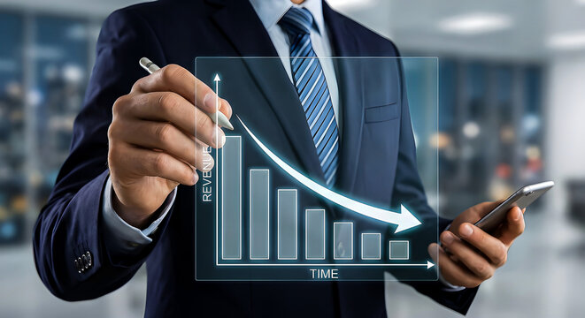 Title: A business in a suit pointing at a digital graph showing declining revenue over time while
