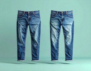 Two pairs of blue jeans floating against a light green background.