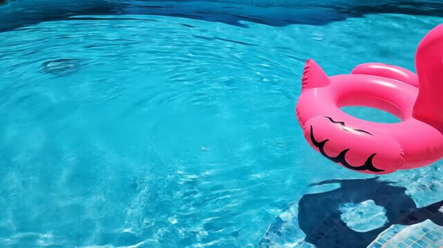 High-angle shot of pink flamingo inflatable float in blue swimming pool. Summer pool toy drifting gently on water surface. Relaxing vacation scene footage.