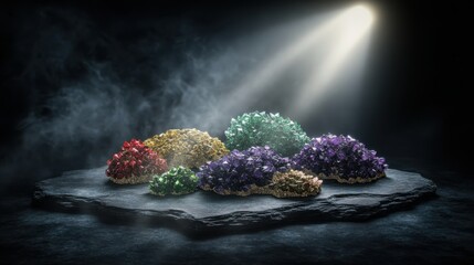 Clusters of colorful raw gemstones and minerals are displayed on a dark slate surface with atmospheric lighting