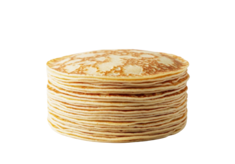A neat stack of golden-brown crepes with delicate texture and tack-sharp focus, against a transparent background with ample copy space, inviting breakfast concept for advertising