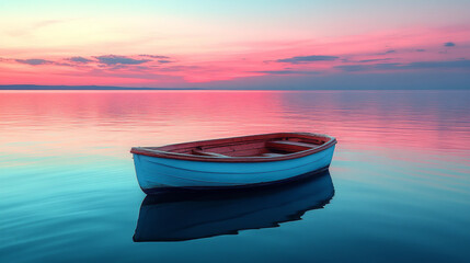 Sunset over a tranquil lake, reflecting the image of small boats.