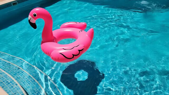 High angle shot of pink flamingo float drifting in blue swimming pool. Inflatable summer toy in clear water. Leisure pool relaxation footage.