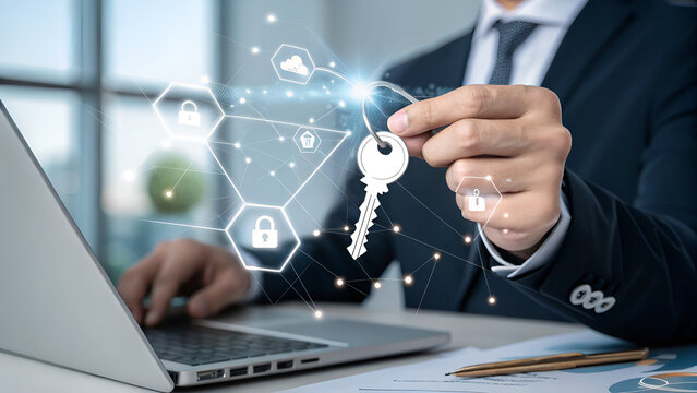 Passkeys and secure passwordless authentication technologies. Business person closeup hand holding an encryption key icon.
 - Powered by Adobe