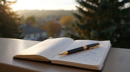 Naklejka premium An open notebook with a pen rests on a surface during golden hour with a blurred outdoor landscape in the background