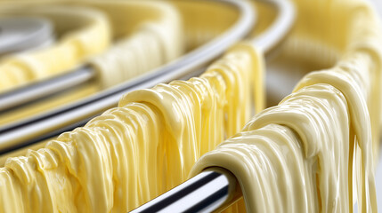 Fresh yellow noodles wrapped around metal rods in a factory setting – Industrial-style food production with a detailed texture.
