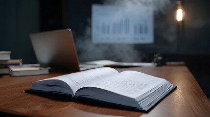Obraz premium An open notebook and laptop rest on a wooden desk with charts and a lamp visible in a misty atmospheric office