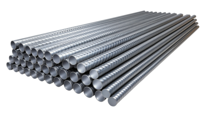 Stack of multiple gray metal rods or bars aligned in a parallel fashion seen from a high angle view clean white background cutout