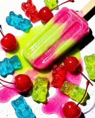 Melting pink and green popsicle surrounded by colorful gummy bears and cherries on white background