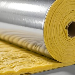 A close-up view of a roll of yellow insulation material on a gray background
