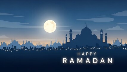 Happy Ramadan illustration with a beautiful moon and mosque skyline, celebrating the holy month