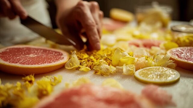 Shot focused on a creative kitchen counter scene with pomelo rinds being sliced and artistically arranged for use in homemade potpourri.