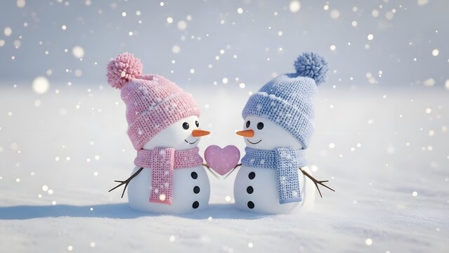 Winter romance and seasonal friendship celebration. Valentine holiday and love concept. Two cute snowmen wearing hats and scarves holding a pink heart in snowfall.