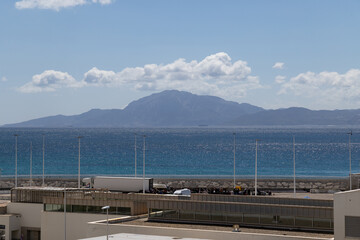 Tarrifa, Spain - April 18, 2025: Seaport, with pleasure boats moored, during the Easter festivities in Tarifa, Spain