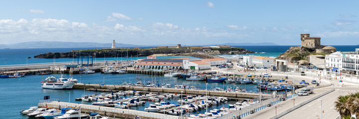 Tarifa, Spain - April 18, 2025: Seaport, with pleasure boats moored, during the Easter festivities in Tarifa, Spain