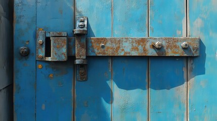 Close up of weathered blue wooden gate with corroded metal hinges and latch showing textured rust detail