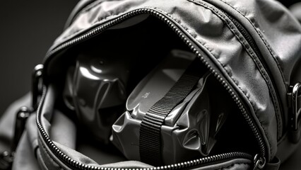 Close up scene of equipment inside the backpack