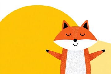 Obraz premium Cartoon fox stands with arms open against a bright yellow background and a smaller light yellow circle