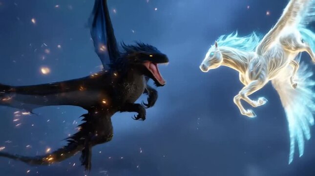 Luminous White Pegasus Dueling A Massive Black Dragon While Both Creatures Twist And Dive Through A Stormy Night Sky