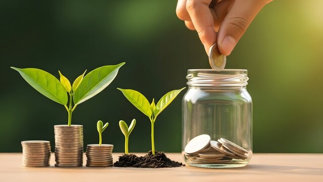 Financial growth and money savings concept. Investment and capital wealth management. Person putting a coin into a glass jar next to green plants growing on stacks of coins.