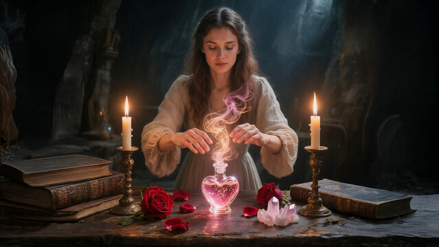 Young woman performs love spell ritual with candles and crystal heart ball on altar invoking magic to attract soulmate in mystical candlelit atmosphere. Valentine's Day magic