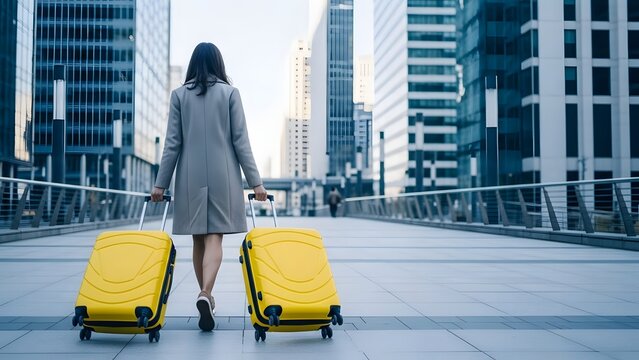 Modern business travel and female executive mobility. International relocation and career growth. Woman in a gray coat walking with two yellow suitcases in a city skyscraper district.