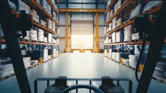 Low angle forklift POV driving through warehouse aisle. Industrial storage navigation towards open door with sunlight. Logistics movement in supply chain footage.