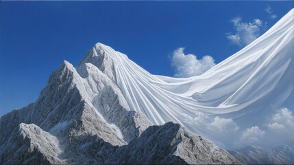 Photorealistic panoramic mountain peak draped in flowing white fabric under clear blue sky with scattered clouds, creating surreal natural scene